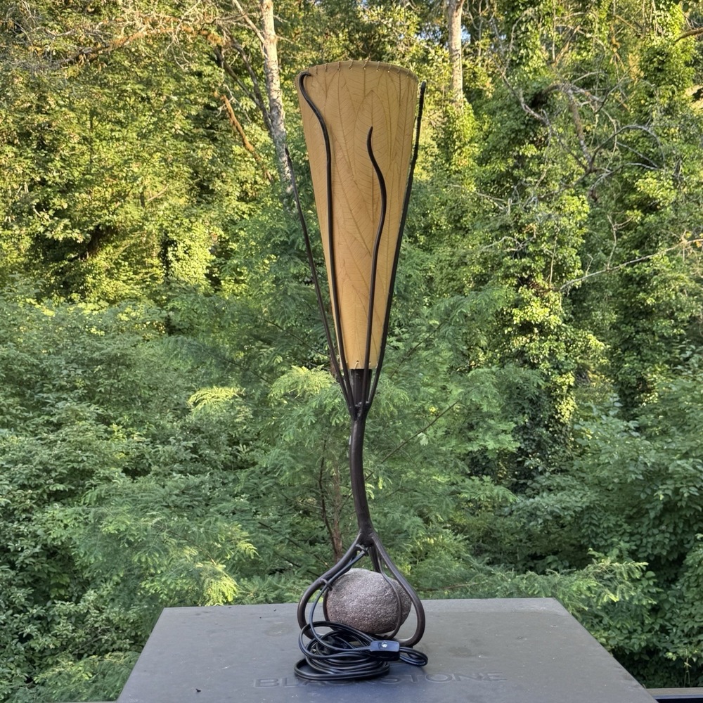 Torchère‑Style Lamp Amber Cocoa Leaf Cone & BOHO Wrought Iron Rock Base 28"Tall